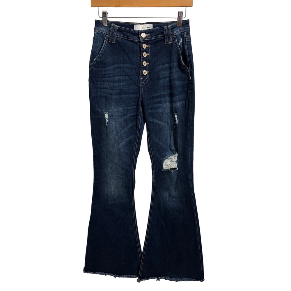 KanCan Flare Jeans Dark Wash Distressed Button Fly Boho Western Festival 5/26 - Picture 2 of 11